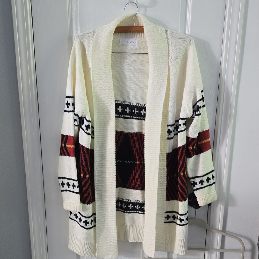 Elegant Cream and Brown Patterned Cardigan